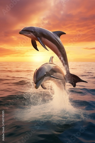 A couple of playful dolphins jumping out of the water  AI generated illustration © Olive Studio