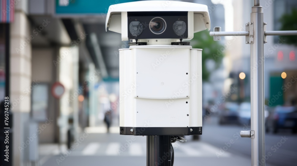 A cameraequipped black-white pole is placed on the street side A cameraequipped black-white pole is placed on the street side