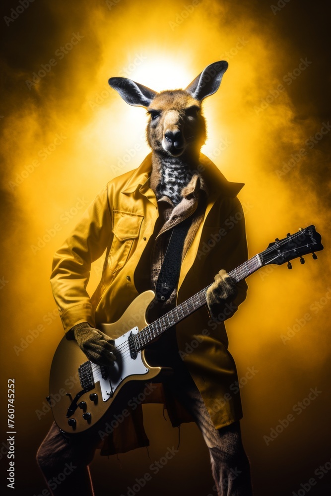 A kangaroo in rockstar attire casually set in a minimalist concert themed setting  AI generated illustration