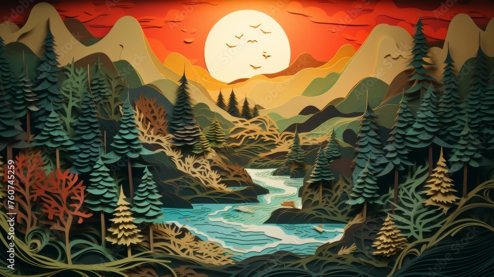 A layered paper cut-out style nature landscape poster  AI generated illustration