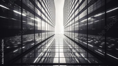 A grayscale perspective from a modern skyscrapers glass facade AI generated illustration