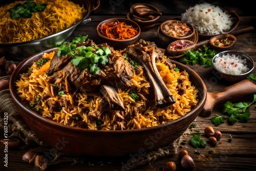 pices and textures in a side view of a meticulously prepared lamb biryani on a rustic wooden table of basmati rice, tender lamb, and aromatic herbs  photo