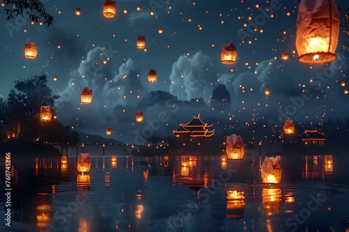 Floating Lanterns at Night  A magical scene of floating lanterns illuminating the night sky  reminiscent of cultural celebrations.  