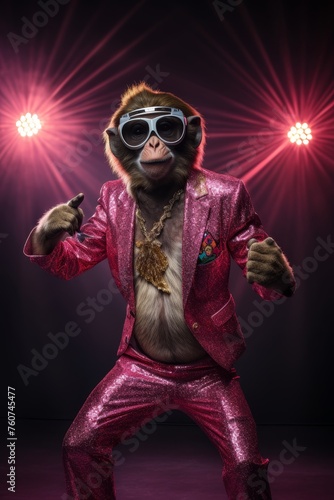 A monkey wearing a funky disco outfit against a simplistic dance floor setup AI generated illustration