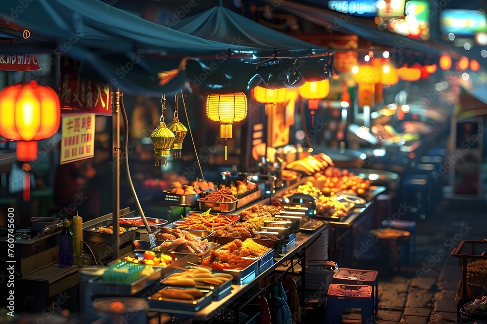 Night Market Street Food Stall: A vibrant night market scene with colorful street food stalls, capturing the essence of local cuisine.


