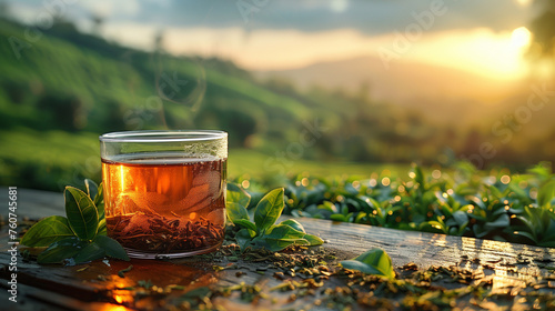 Sprawling green tea garden and slim waisted tea glass among the tea fields. black tea in glass cup, black tea, hot glass cup