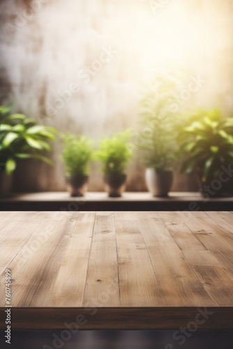 An empty wooden table in a softly blurred modern interior background AI generated illustration