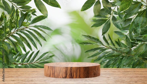 wood pedestal podium with leaf background 3d illustration empty display scene presentation for product placement