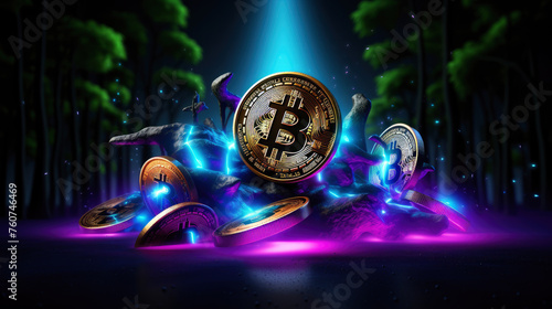 A pile of coins with a large B on top. The coins are scattered around the B, and the scene is illuminated by a blue light