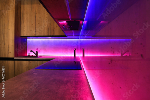 Modern luxury kitchen with LED RGB lighting.
