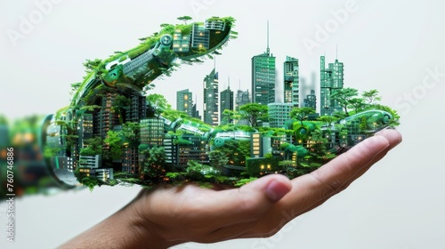 The robot's hands hold green plants and human hands, highlighting the concept of environmental protection and sustainable development of artificial intelligence. The role of artificial intelligence in © SHI