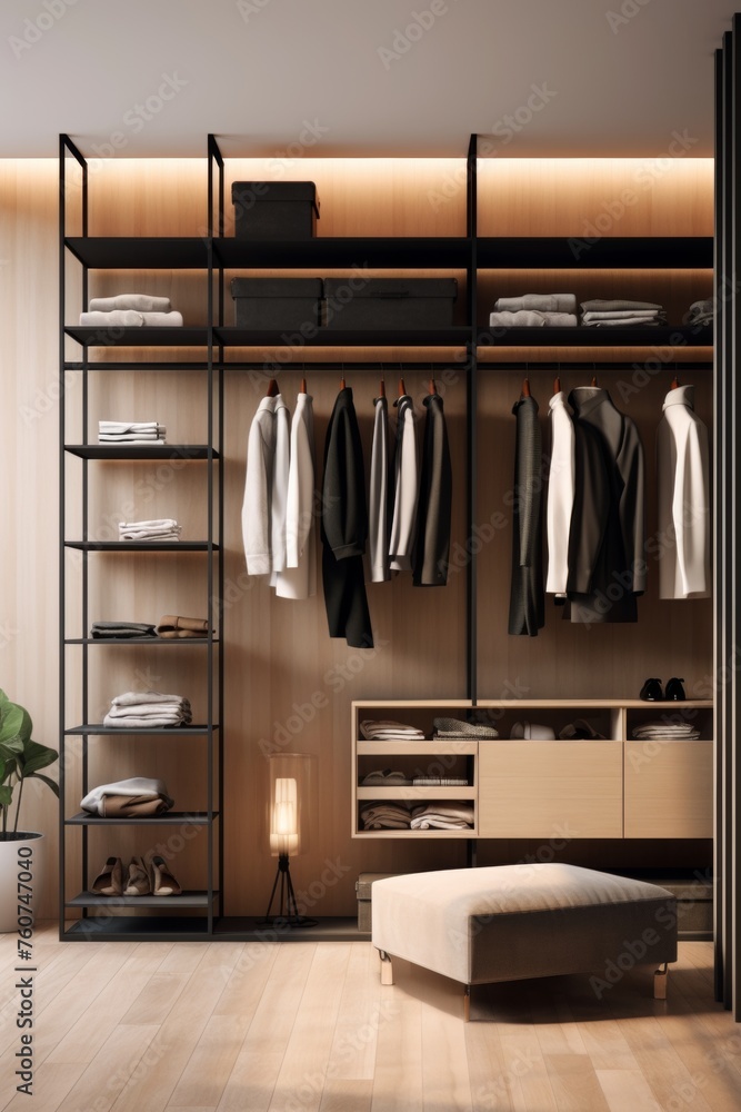 Lifestyle depiction of a minimalist walk-in closet AI generated illustration