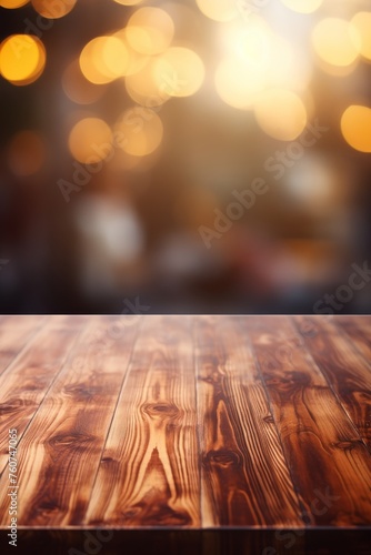 Meticulously polished wooden surface with a vibrant blurry background  AI generated illustration © Olive Studio