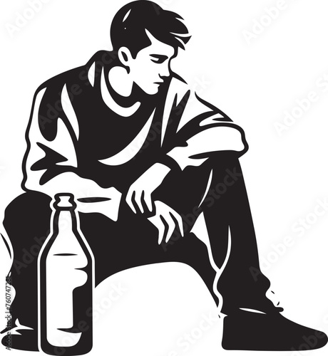 Intoxicating Contemplation Man with Alcohol Bottle Logo Boozy Reverie Vector Design of a Sitting Man