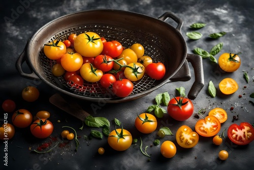 yellow and red tomatoes in an iron colander on the table
