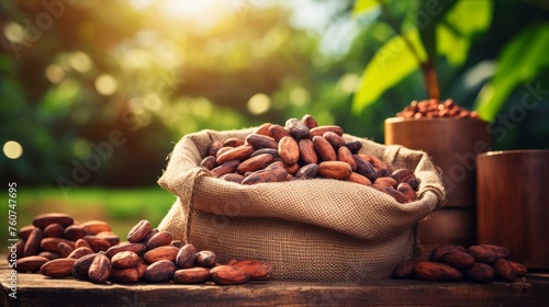 Cocoa beans harvested in a burlap sack on a wooden table with blurred crop farming background photo