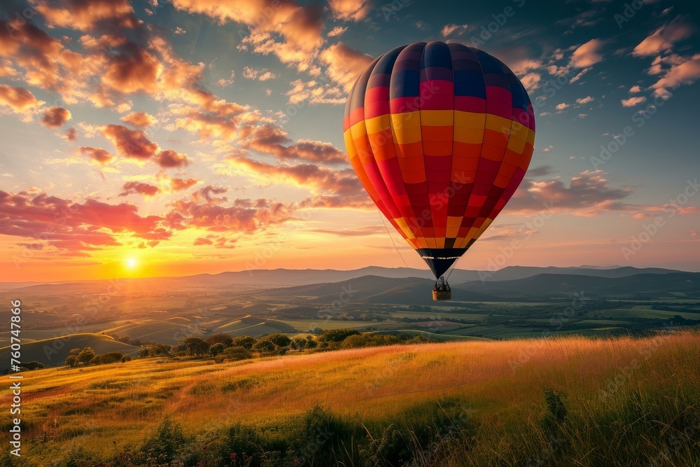Fototapeta premium Picturesque Air balloon fly landscape. High hill. Generate Ai