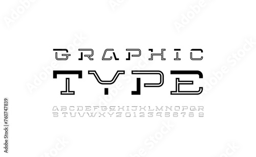 Technology cut font, digital cyber alphabet, striped letters A, B, C, D, E, F, G, H, I, J, K, L, M, N, O, P, Q, R, S, T, U, V, W, X, Y, Z and numbers 0, 1, 2, 3, 4, 5, 6, 7, 8, 9