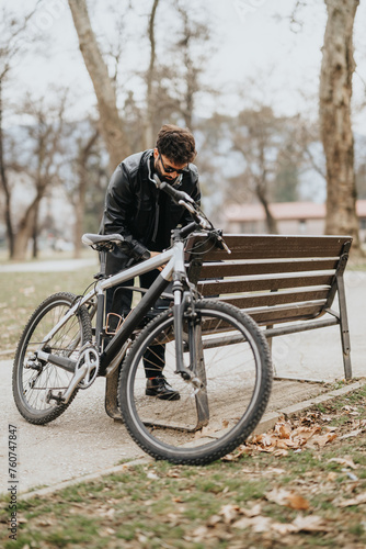 A male business entrepreneur in a leather jacket takes a pause to adjust his bicycle by a park bench, showcasing a blend of business and lifestyle.