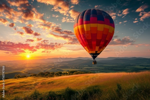 Picturesque Air balloon fly landscape. High hill. Generate Ai