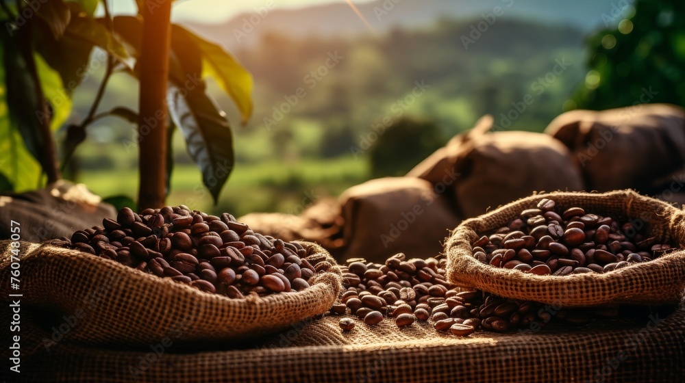 Coffee beans harvested in a burlap sack on a wooden table with blurred crop farming background - obrazy, fototapety, plakaty 