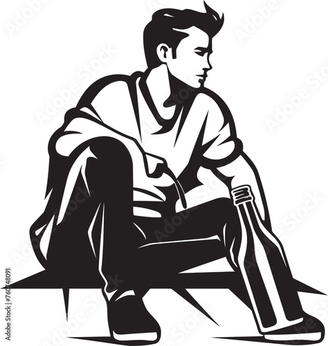 Ale Ambitions Vector Sitting Man with Bottle Rumination in Relaxation Emblematic Alcohol Bottle Design