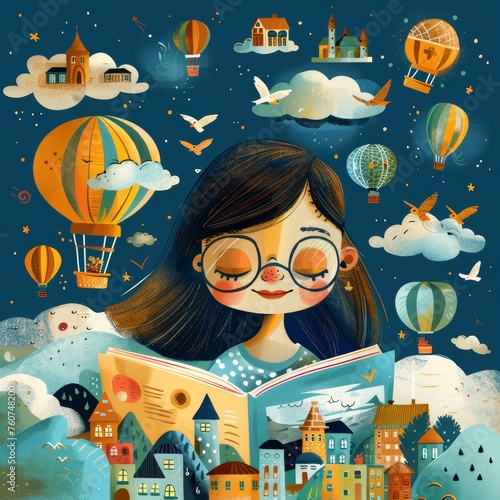 A girl reading an open book, surrounded by floating books and symbols of knowledge like houses on hillsides, hot air balloons in the sky.