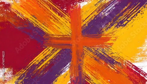 scratched brush stroke cross on distressed background in bright orange red yellow purple