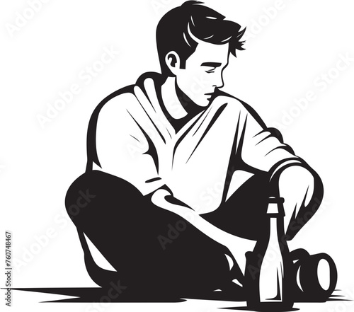 Melancholic Malt Emblematic Sitting Man with Bottle Cask of Cognition Iconic Alcohol Logo