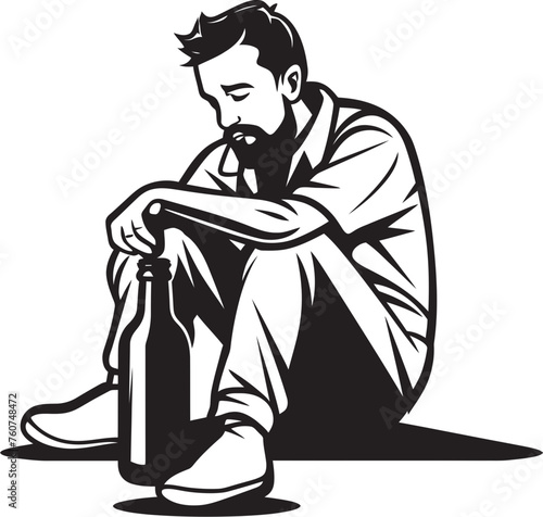 Rum Soaked Reverie Vector Illustration of a Drinker Melancholic Malt Emblematic Sitting Man with Bottle