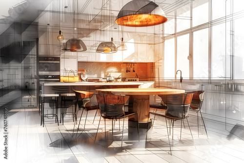 Hand drawn color sketch of modern luxury kitchen interior with panoramic window Interior design concept