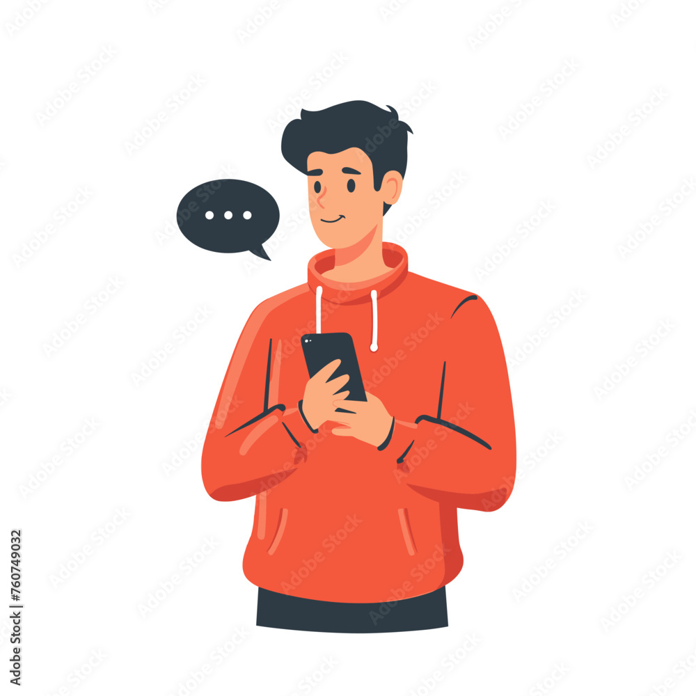 Man in red hoodie using smartphone, male character using mobile phone vector Illustration