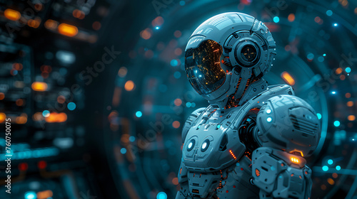 A white AI robot stand in futuristic spaceship, with a dark hull, journeys through the vastness of space, on a mission that could hold the key to alien contact. copy space