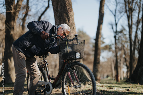 Active elderly man pauses during a bike ride to check his bicycle in a tranquil park setting with sunlight filtering through trees.