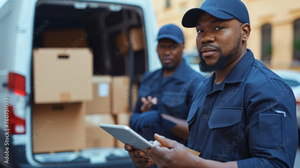 delivery man in a blue uniform and cap, holding a clipboard delivery man in a blue uniform and cap, holding a clipboard