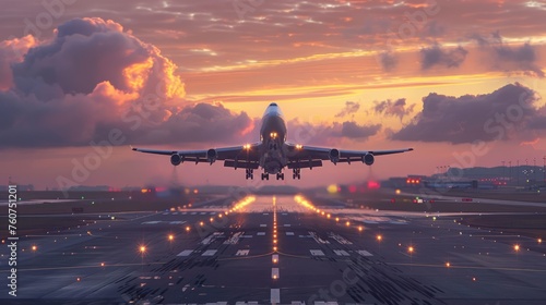 A large jetliner taking off from an airport runway at sunset.