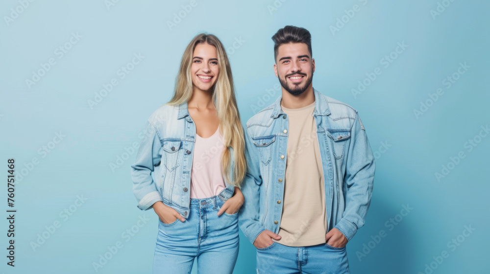 happy young couple dressed in denim, the woman with long blonde hair and the man with a beard, both smiling and standing against a light blue background happy young couple dressed in denim, the woman with long blonde hair and the man with a beard, both smiling and standing against a light blue background