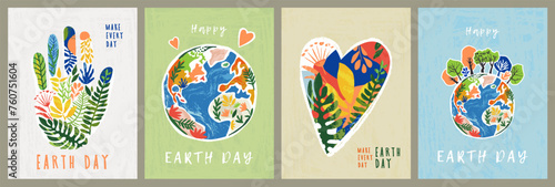 Happy Earth Day greeting card, cover or web banner set. Trendy and cute hand drawn Eco posters on the theme of caring for nature and planet Earth. Make every day Earth day. Art style design template