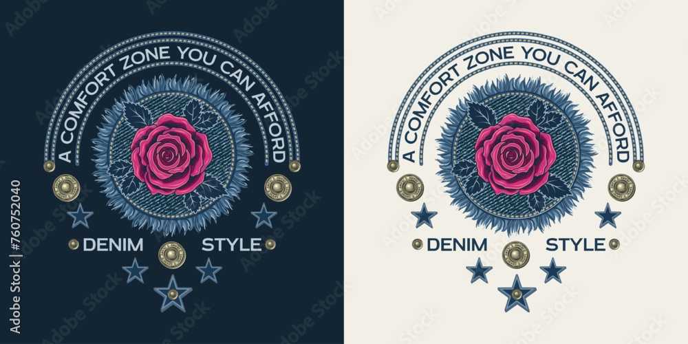 Circular label with denim patch with fringe, pink rose, jeans buttons, stars, text. Design element in vintage style. For clothing, t shirt, surface design. - obrazy, fototapety, plakaty 