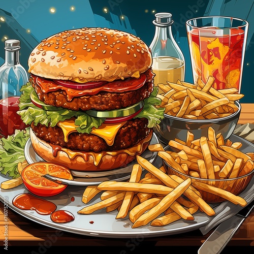 two juicy cheeseburgers with fries in a cozy diner photo