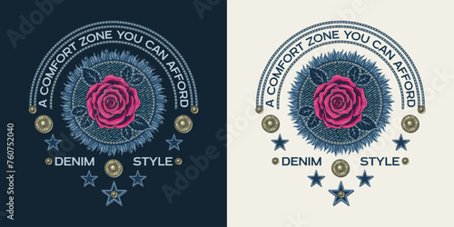 Circular label with denim patch with fringe, pink rose, jeans buttons, stars, text. Design element in vintage style. For clothing, t shirt, surface design. photo