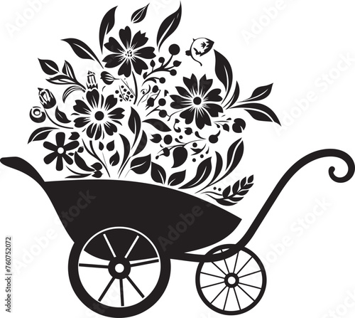 Bloom Transport Vector Icon of Floral Wheelbarrow Petal Peddler Aesthetic Floral Wheelbarrow Emblem