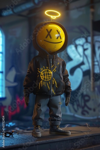 3D animated character yellow smiley head photo