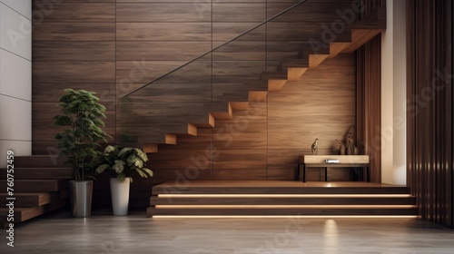 Interior stylish modern wooden entrance hallway decor