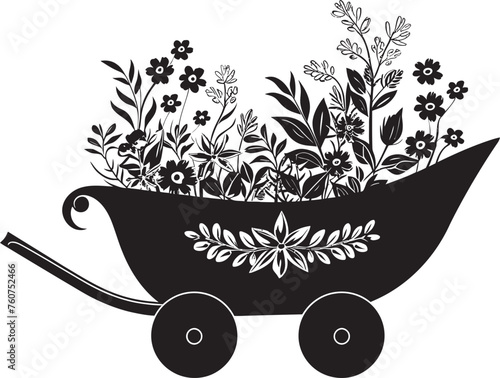 Botanical Bloom Vector Logo of Floral Wheelbarrow Natures Transport Aesthetic Floral Wheelbarrow Symbol