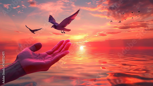 Worshippers raise open palms, mirroring birds gliding above serene sunset waters
