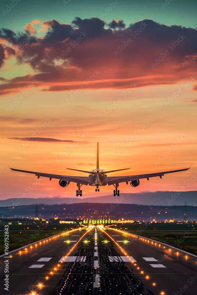 Fototapeta premium Airplane Descending on Runway at Dusk