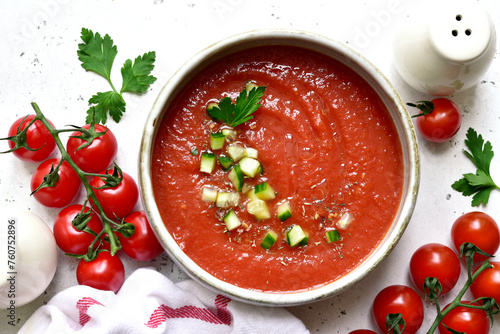 Gazpacho - traditional spanish cold  soup with cucumber and garlic. Top view with copy space.