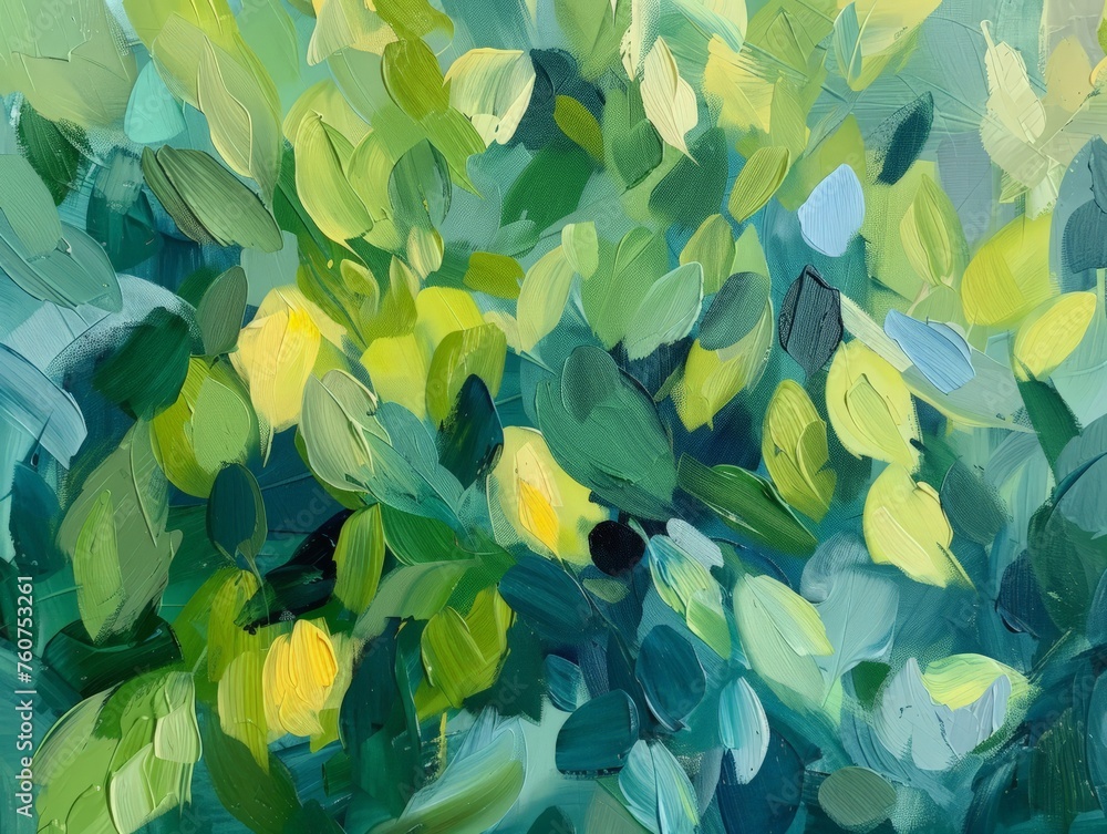 A painting featuring vibrant green and yellow leaves against a dark background, capturing the beauty of nature in a colorful display