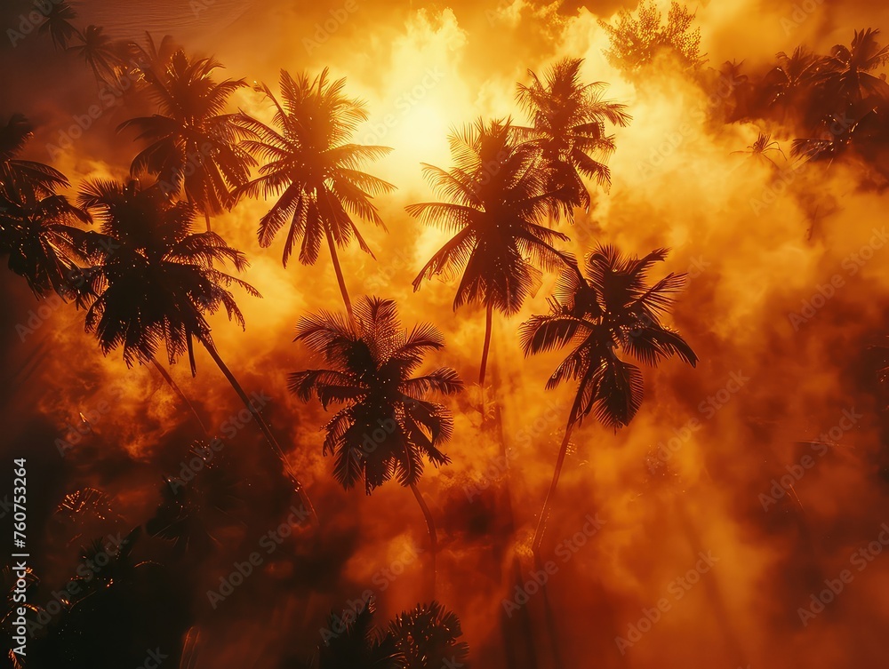 Aerial view of a Fiery skies, silhouetted palm trees, serene coastal vistas.